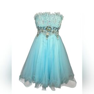 Terani Couture Aqua Strapless Beaded Tulle Cocktail Dress Size 6 Formal Event
